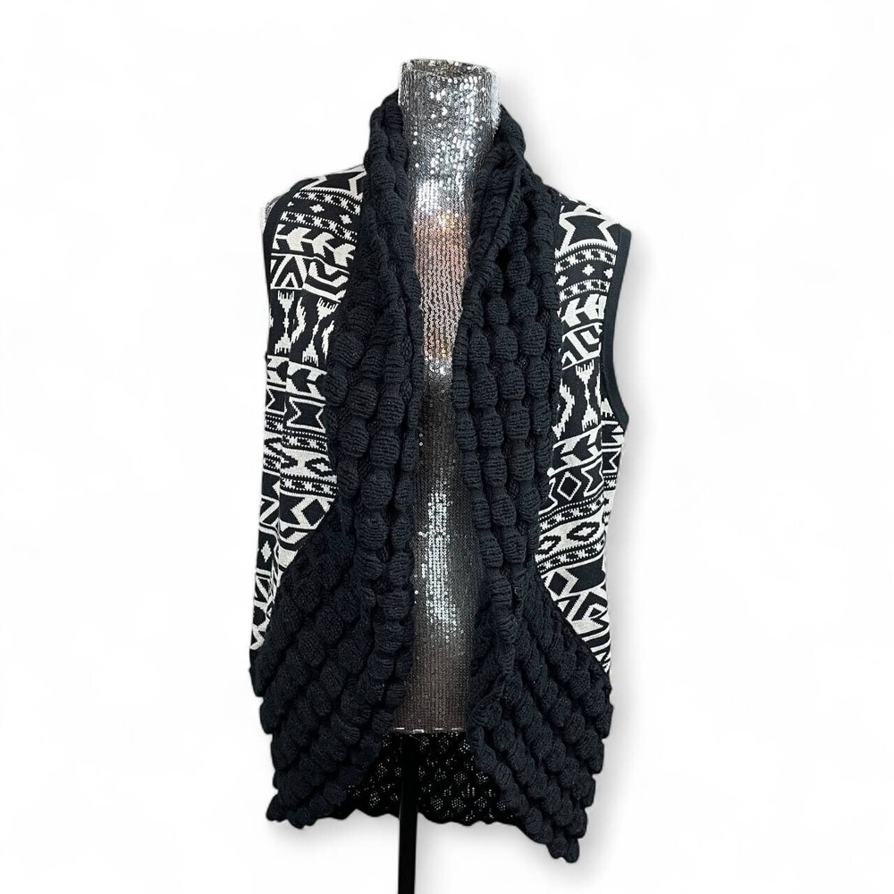 Boho Aztec Knit Sleeveless Shawl‎ Collar Popcorn Hem Vest Large Eclectic Cozy